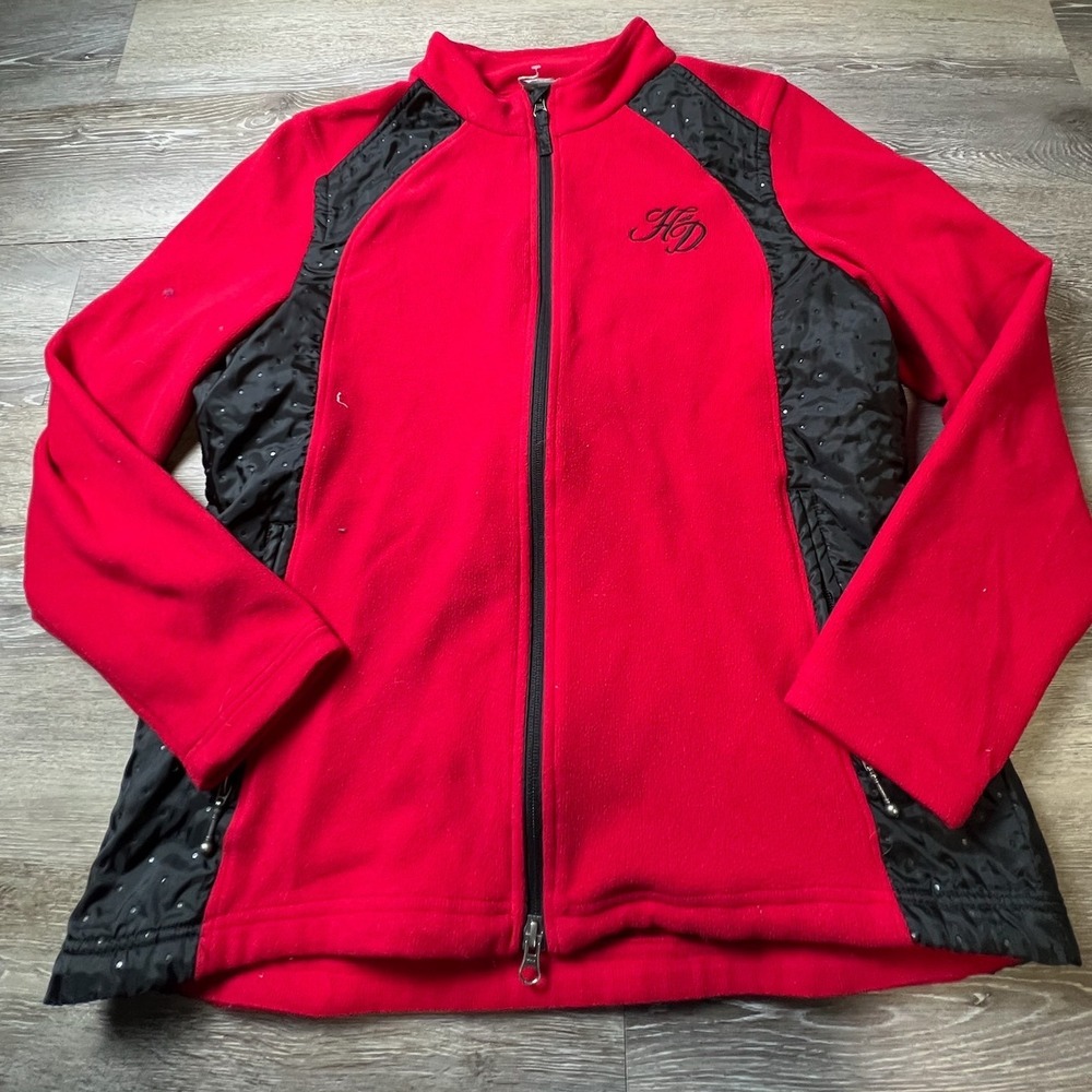 Harley Davidson Fleece Jacket Womens XL Red Black Zip Up‎ Biker Moto Logo